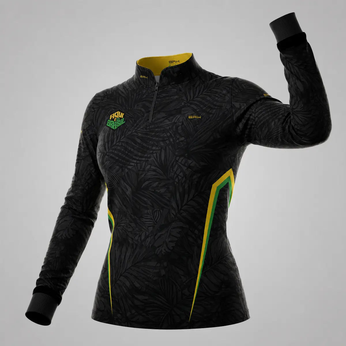 Camisa Brk Feminina Aqui é o Brasil Folhagem Preta com Proteção UV50