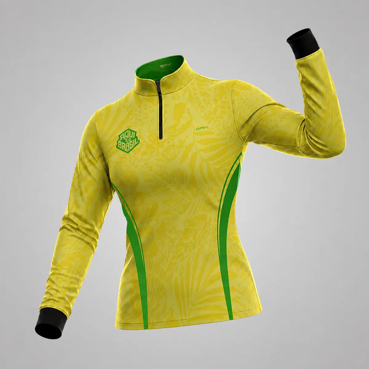 Camisa Brk Feminina Aqui é o Brasil Folhagem Tropical Amarela com Proteção UV50