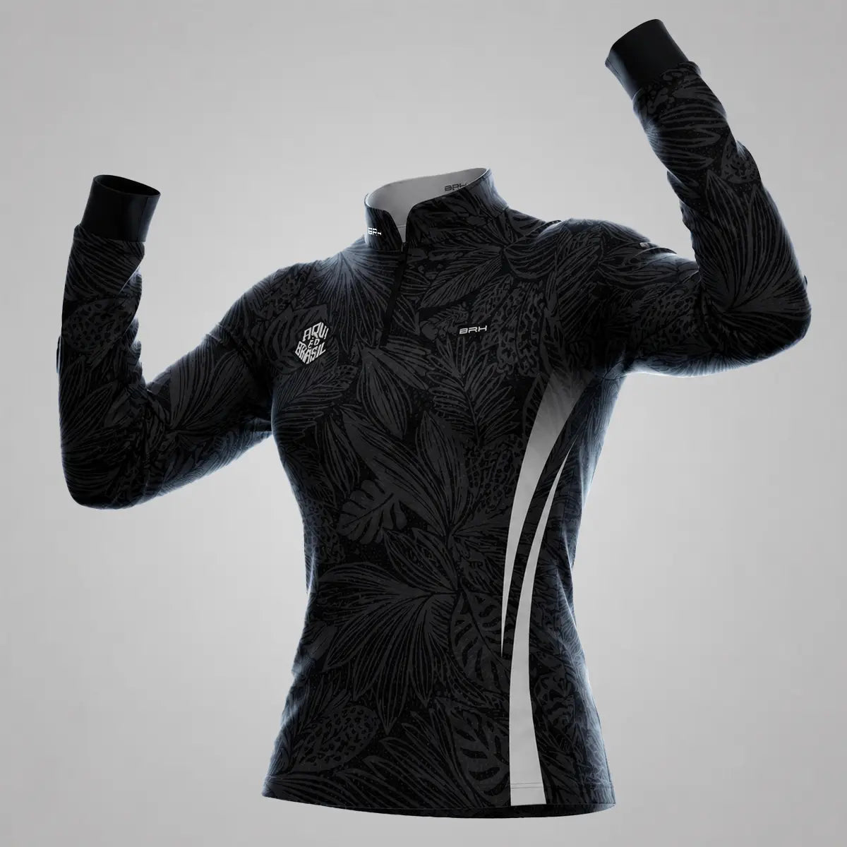 Camisa Brk Feminina Aqui é o Brasil Folhagem Tropical Preta com Proteção UV50