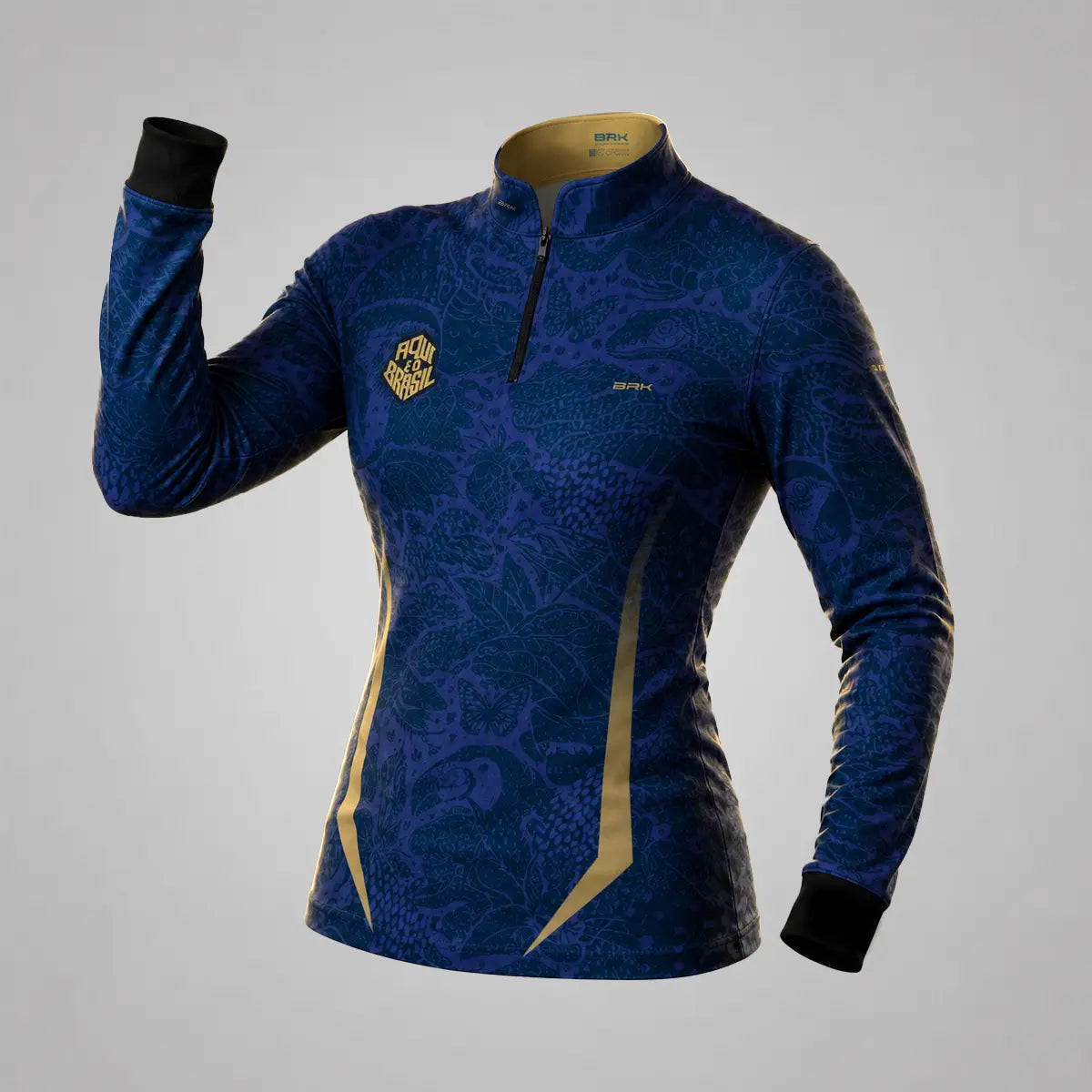 Camisa Brk Feminina Aqui é o Brasil Folhagem Sutil Azul Royal com Proteção UV50