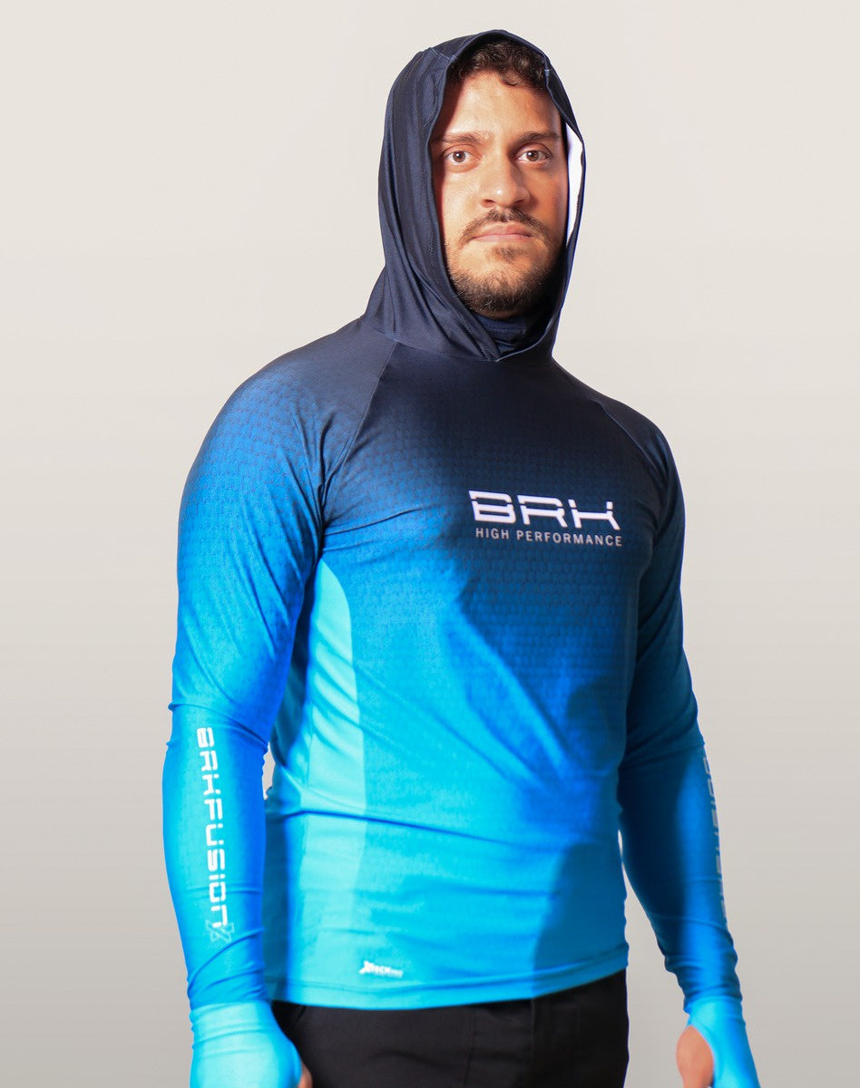 Camisa FusionX Brk Clean Azul Escuro com Capuz e Proteção UV50+ Envio Imediato Brk Fishing