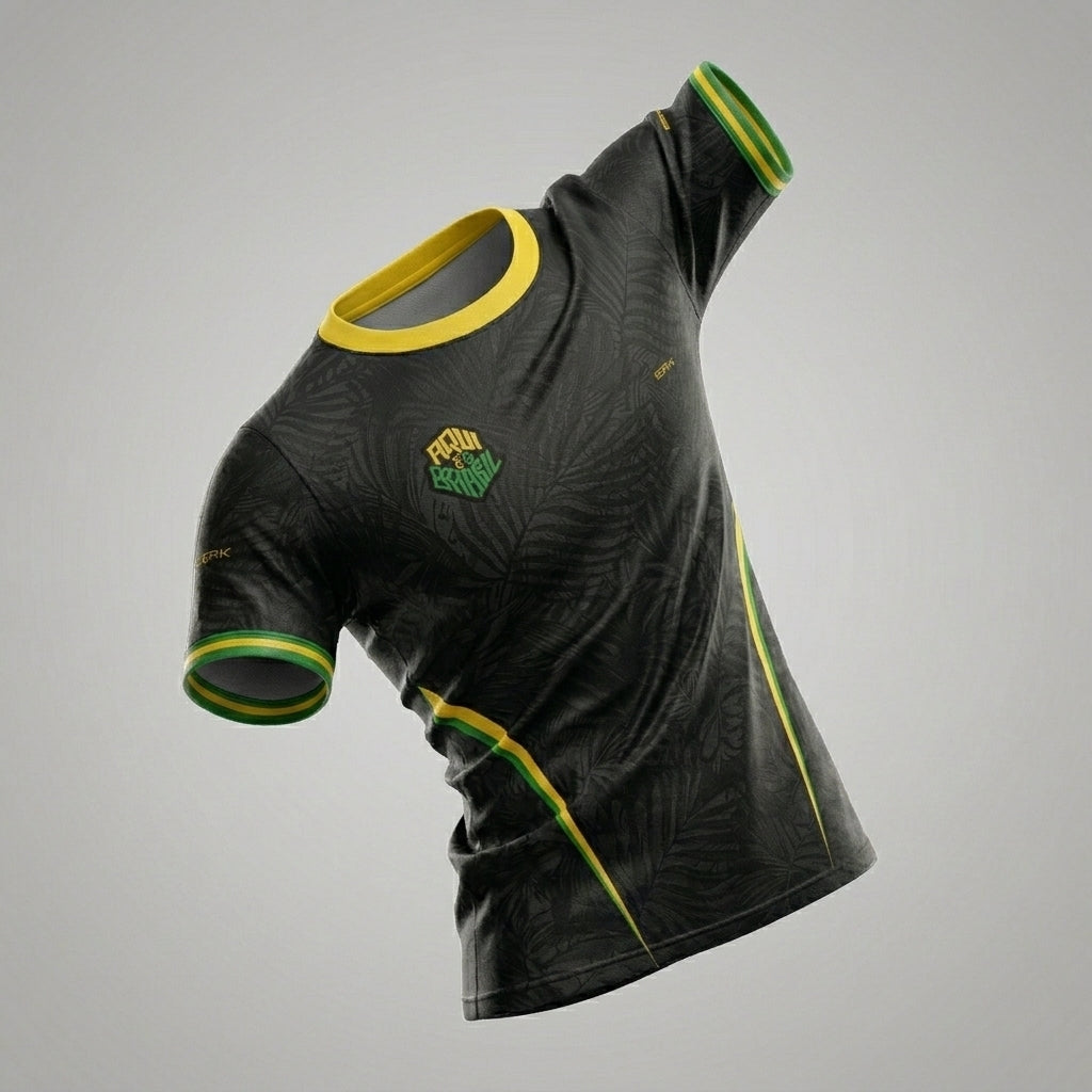 Camisa Casual Brk Aqui é o Brasil Folhagem Preta com Proteção UV50