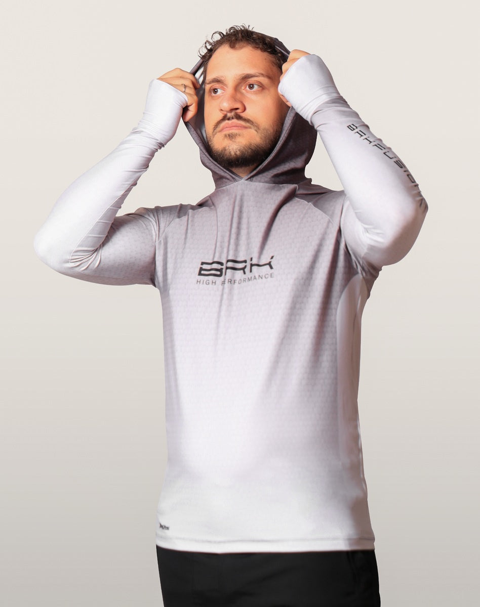 Camisa FusionX Brk Clean Branca e Cinza com Capuz e Proteção UV50+ Envio Imediato Brk Fishing