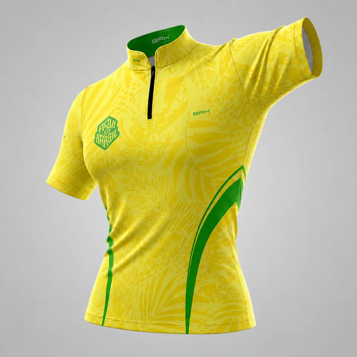 Camiseta Brk Feminina Aqui é o Brasil Folhagem Tropical Amarela com Proteção UV50