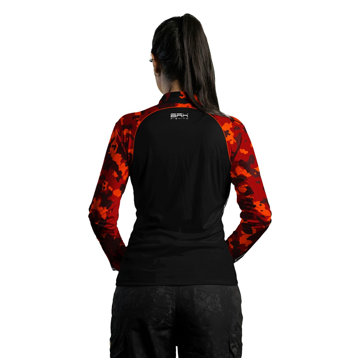 Camisa Feminina de Pesca  Brk Preta e Laranja Camuflada com UV50+