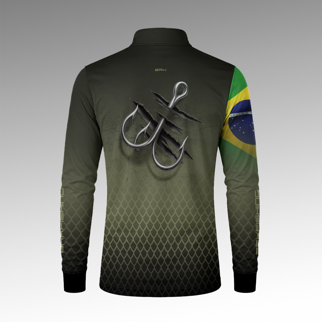 Camisa de Pesca Brk Verde Escamas Bandeira do Brasil Garateia com Proteção Uv50+ - Tamanho: G