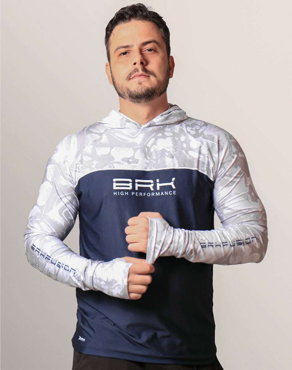 Camisa FusionX Brk Deep Camuflada Branco Azul com Capuz e Proteção UV50+ - Brk Fishing