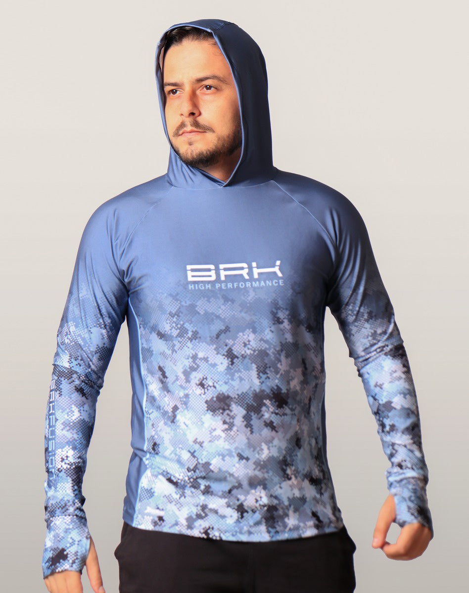Camisa FusionX Brk Deep Camuflada Azul com Capuz e Proteção UV50+ - Brk Fishing
