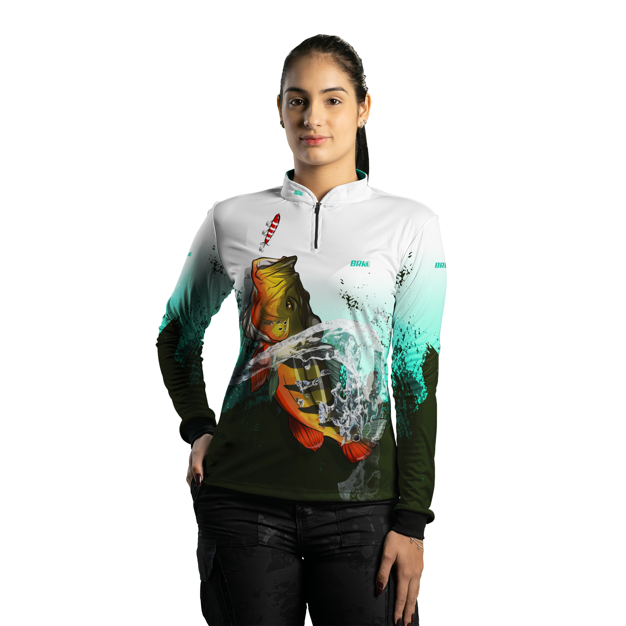 Camisa Feminina de Pesca Brk Verde com Branco Tucunaré com UV50+