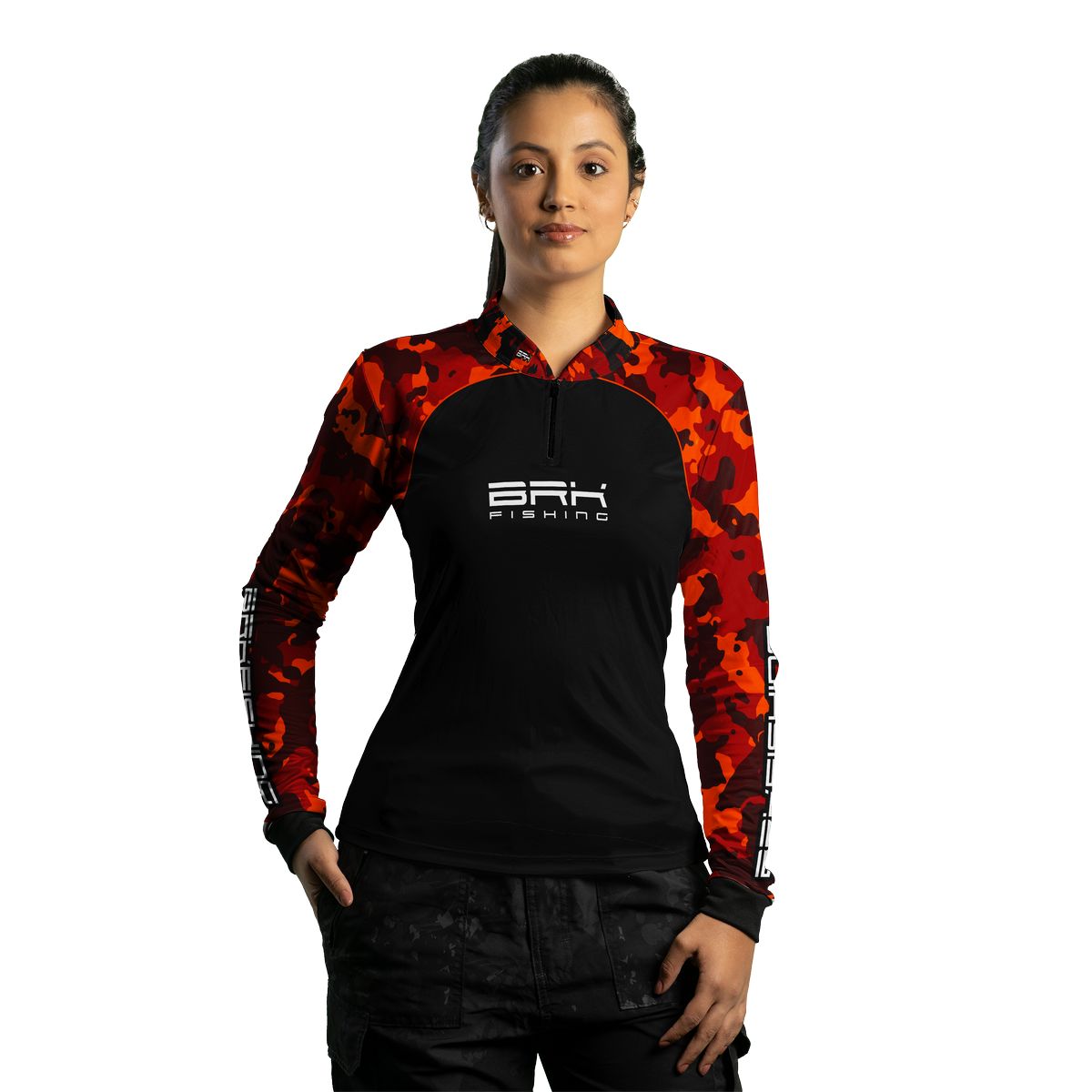 Camisa Feminina de Pesca  Brk Preta e Laranja Camuflada com UV50+