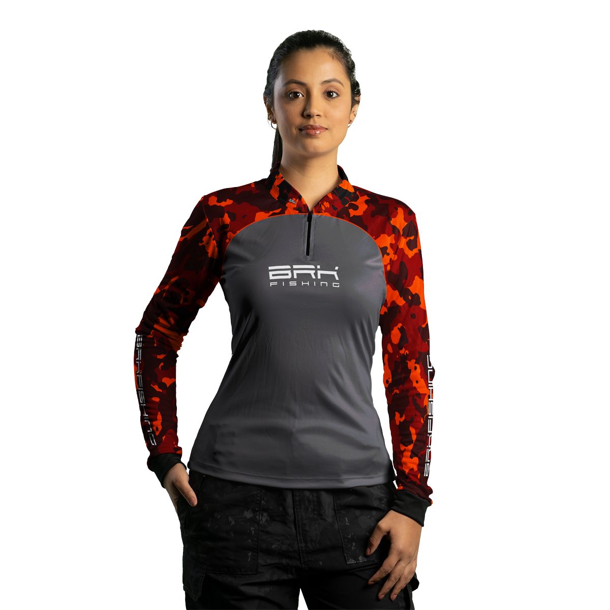 Camisa Feminina de Pesca  Brk Laranja Camuflado e Cinza com UV50+