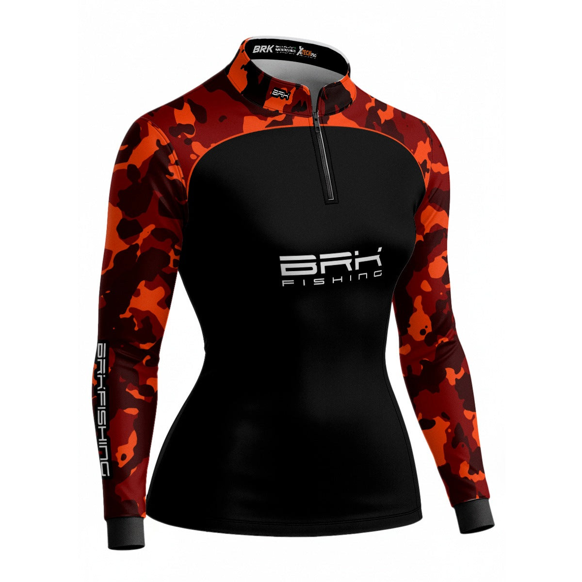 Camisa Feminina de Pesca  Brk Preta e Laranja Camuflada com UV50+