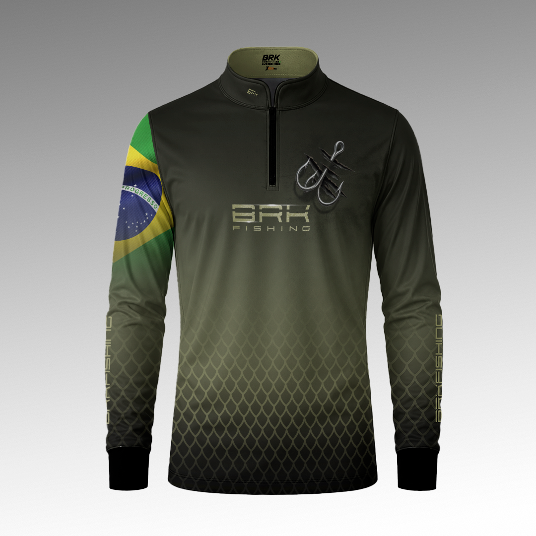 Camisa de Pesca Brk Verde Escamas Bandeira do Brasil Garateia com Proteção Uv50+ - Tamanho: G