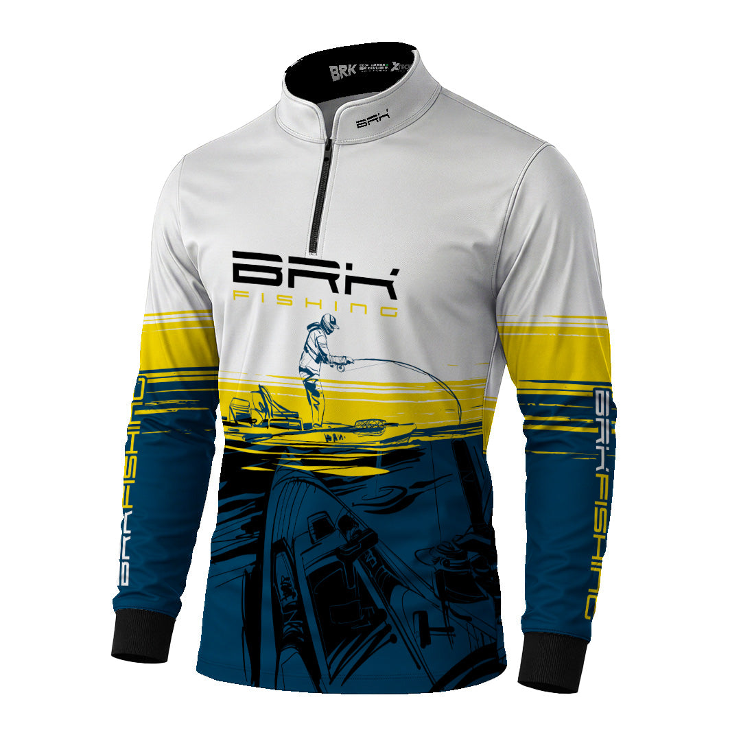 Camisa de Pesca Brk Amarelo e Azul Kayak Fishing com Proteção Uv50+ - Tamanho: G1