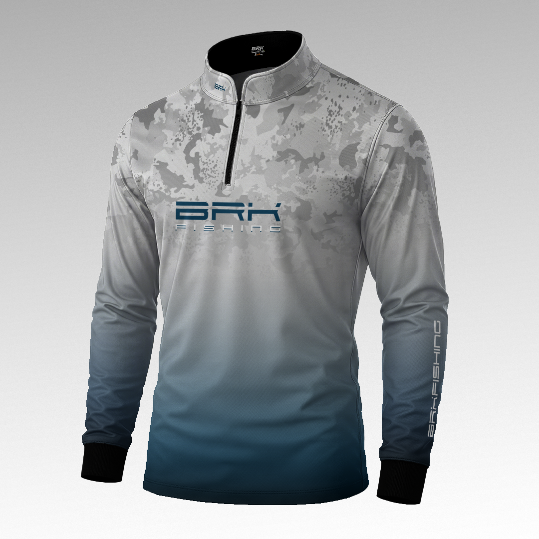 Camisa de Pesca Brk Cinza e Azul Camuflado com Proteção Uv50+ - Tamanho: M