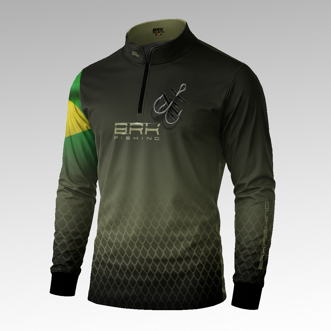 Camisa de Pesca Brk Verde Escamas Bandeira do Brasil Garateia com Proteção Uv50+ - Tamanho: G