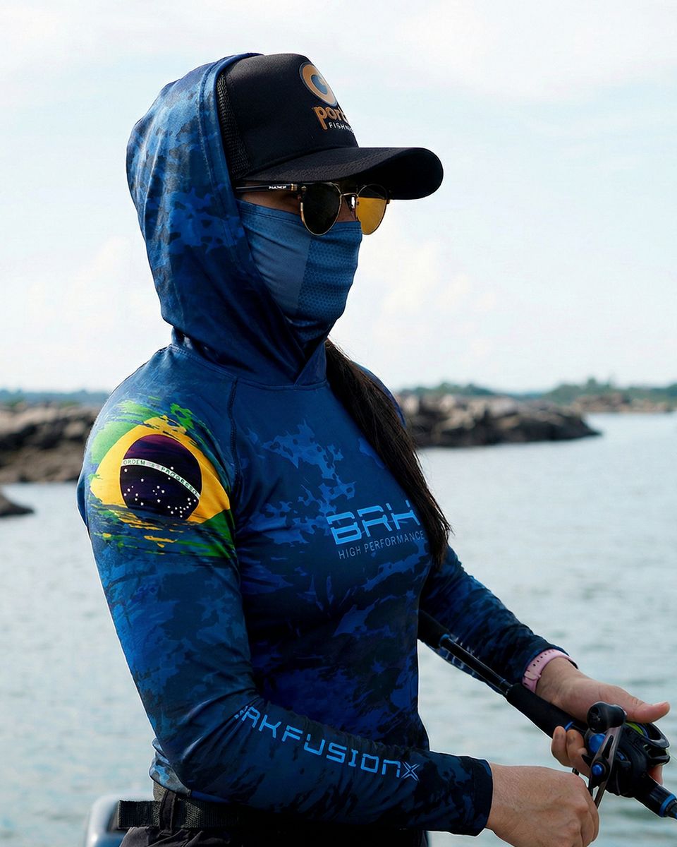 Camisa FusionX Feminina  Brk Fishing Brasil Militar Azul com Proteção UV50+