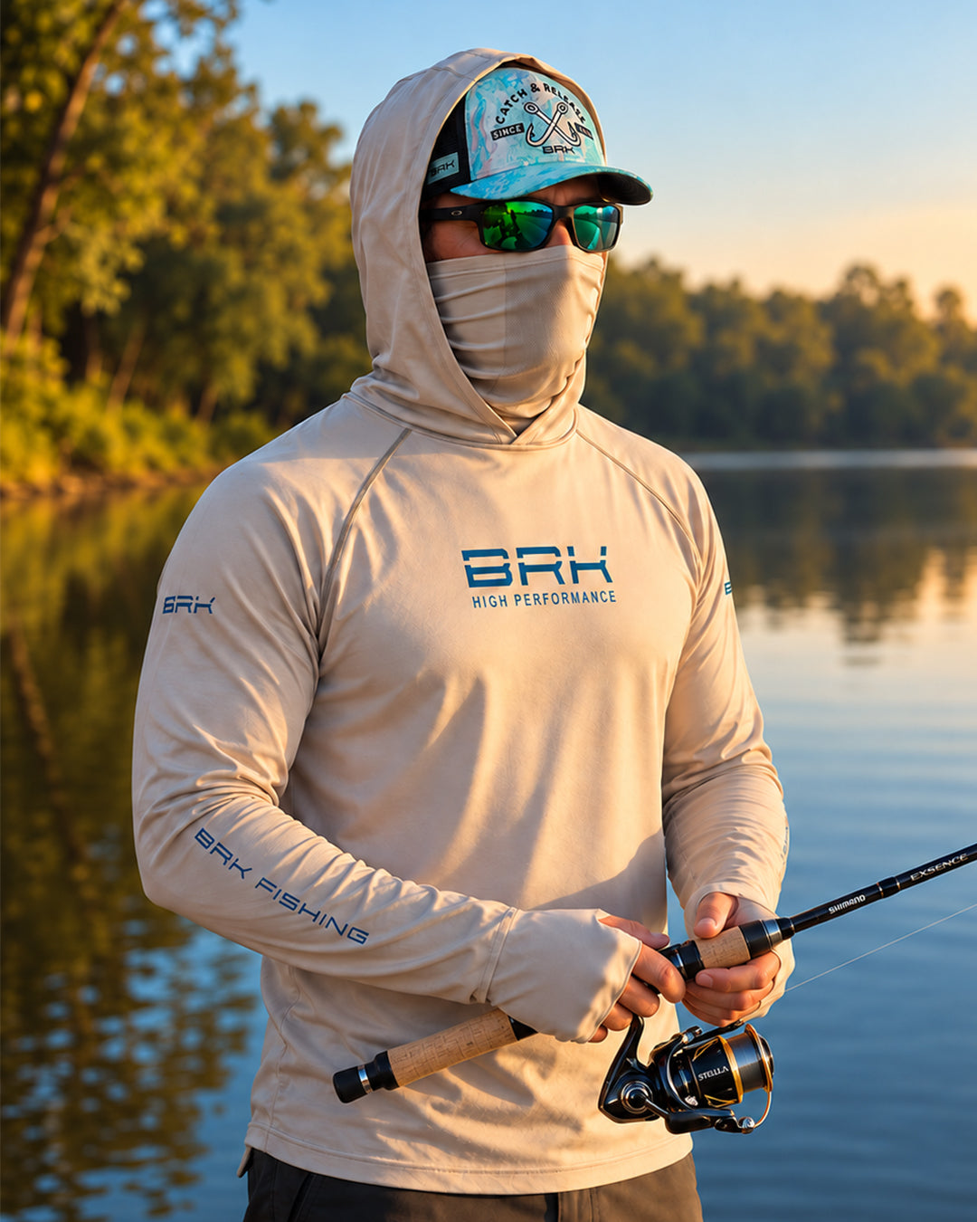 Camisa FusionX Brk Bege Clean com Detalhes em Azul e Proteção UV50+ - Brk Fishing