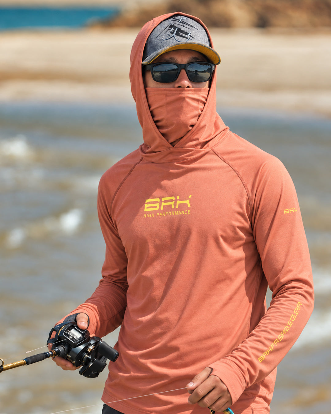 Camisa FusionX Brk Laranja Coral com Detalhes em Amarelo e Proteção UV50+