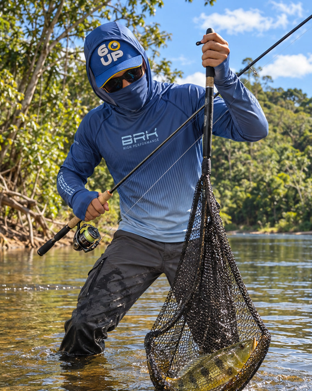 Camisa FusionX Brk Azul Oceano Degradê com Linhas Verticais e Proteção UV50+