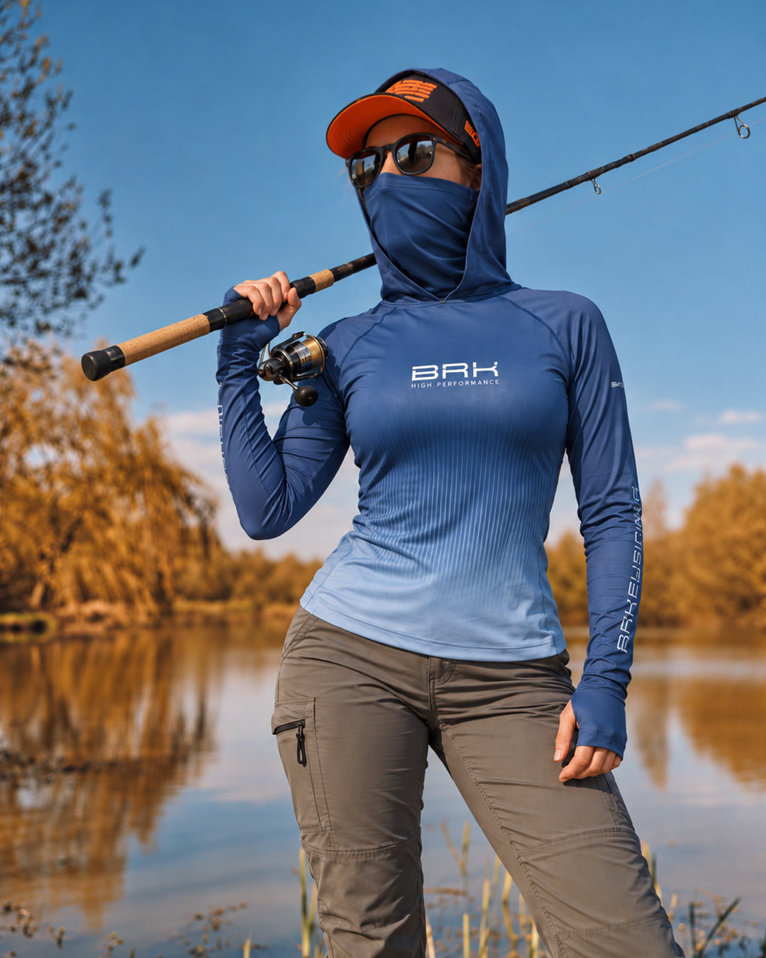 Camisa FusionX Feminina Brk Azul Oceano Degradê com Linhas Verticais e Proteção UV50+