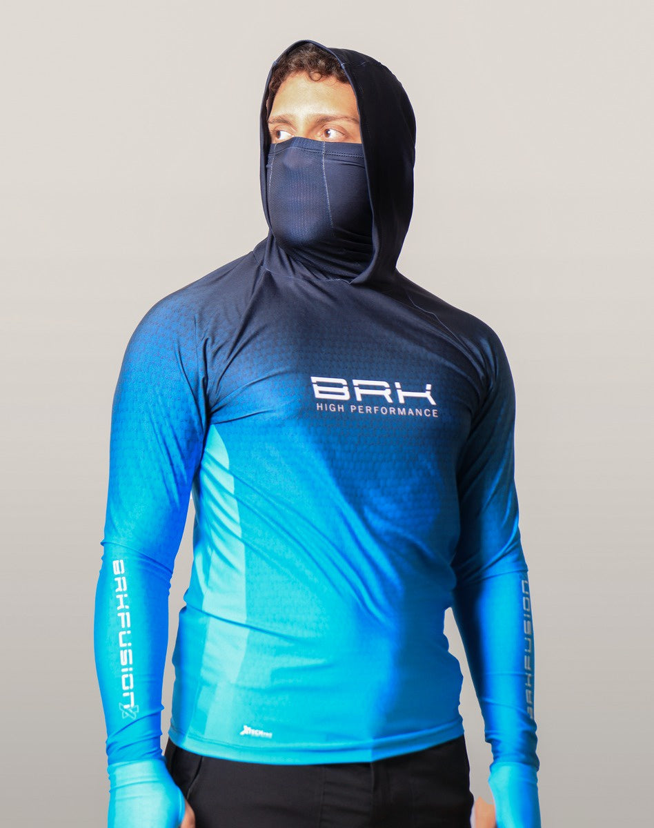 Camisa FusionX Brk Clean Azul Escuro com Capuz e Proteção UV50+ Envio Imediato Brk Fishing