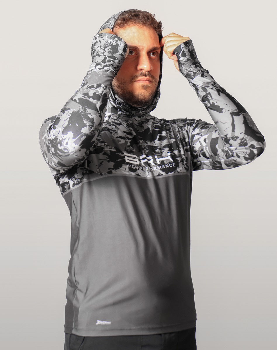 Camisa FusionX Brk Marine Camu Chumbo com Capuz e Proteção UV50+ - Brk Fishing