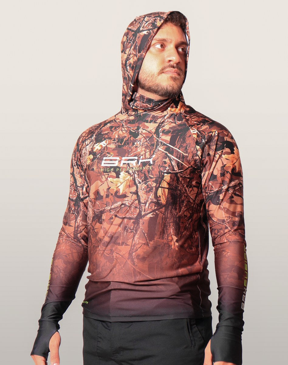 Camisa FusionX Brk Hunter Camuflada Galhos Marrom com Capuz e Proteção UV50+ - Brk Fishing