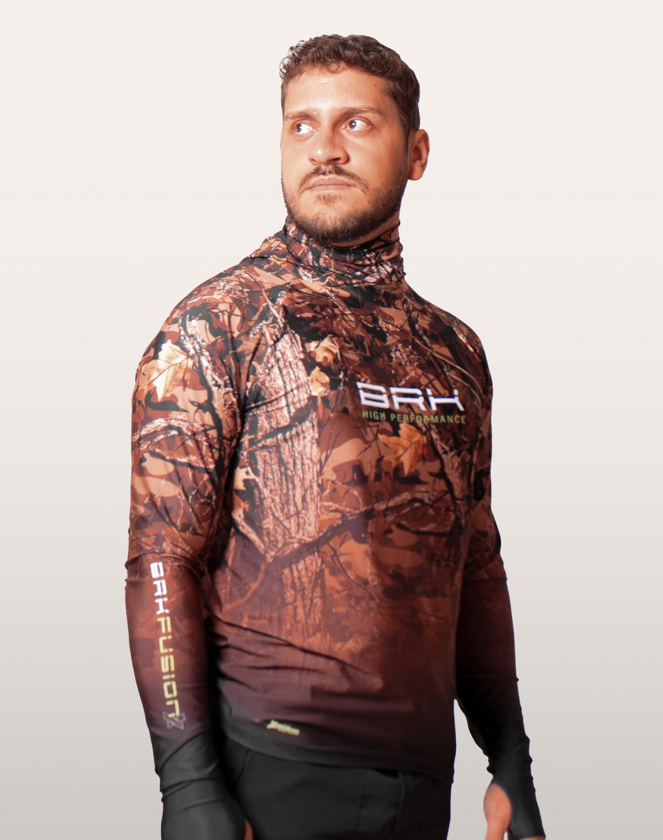 Camisa FusionX Brk Hunter Camuflada Galhos Marrom com Capuz e Proteção UV50+ - Brk Fishing