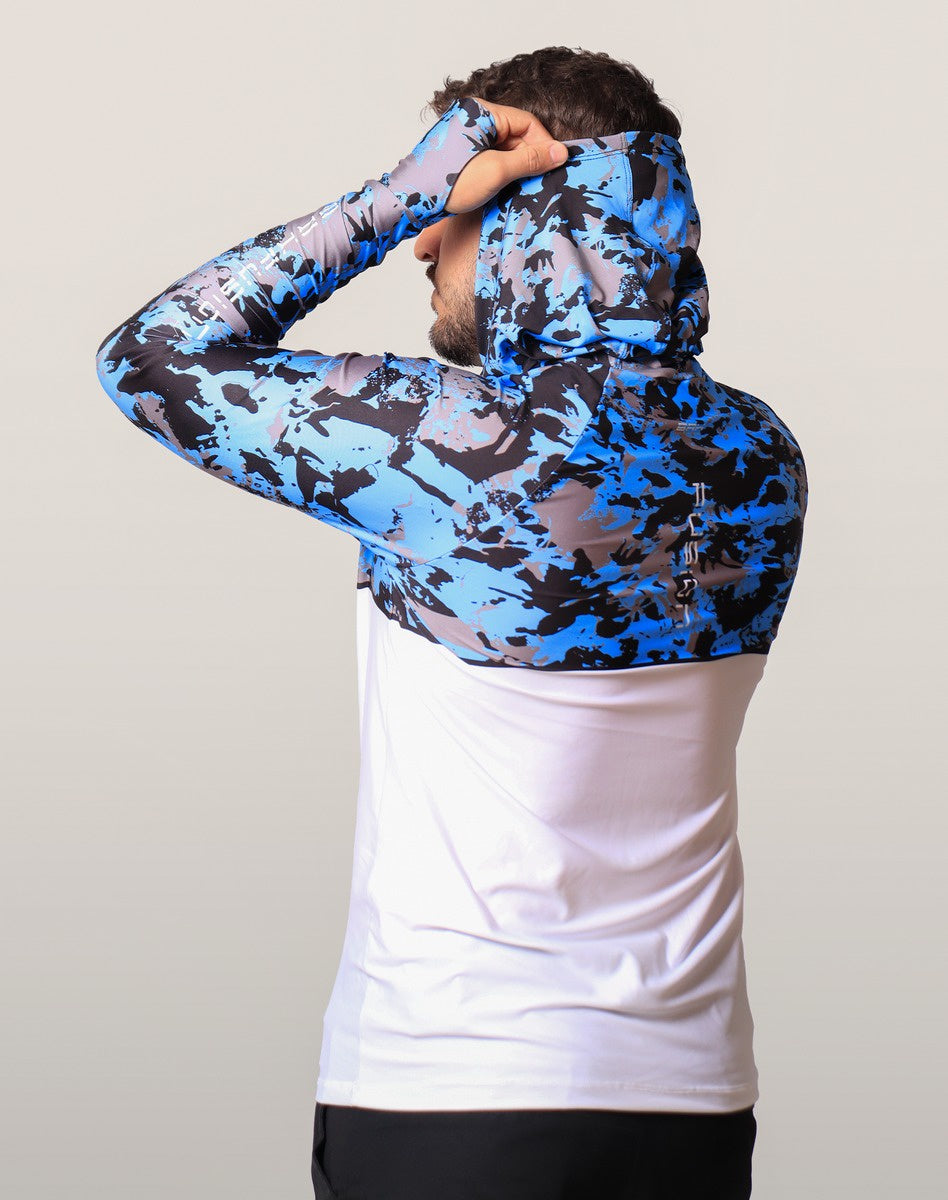 Camisa FusionX Brk Marine Camuflada Azul Branco com Capuz e Proteção UV50+ Brk Fishing