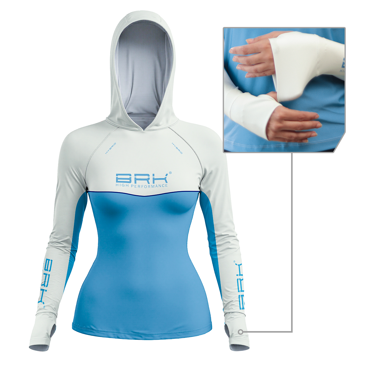 Camisa de Pesca Feminina Brk com Capuz Hybrid Bege com Azul com Proteção Solar UV50+ - Brk Fishing