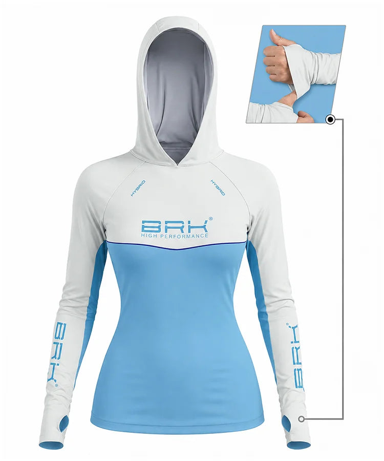 Camisa de Pesca Feminina Brk com Capuz Hybrid Bege com Azul com Proteção Solar UV50+