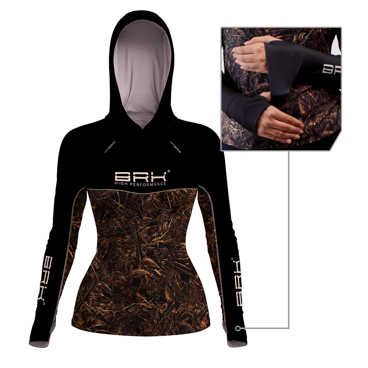 Camisa de Pesca Feminina Brk com Capuz Hybrid Black Real Tree com Proteção Solar UV50+ - Brk Fishing
