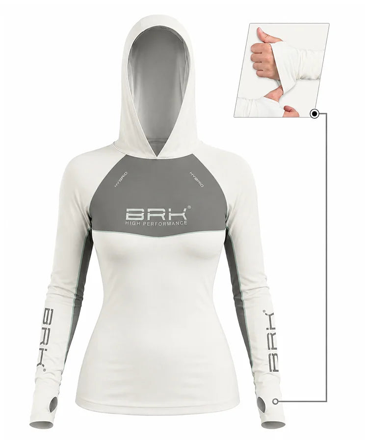 Camisa de Pesca Feminina Brk com Capuz Hybrid Cinza Bege com Proteção Solar UV50+