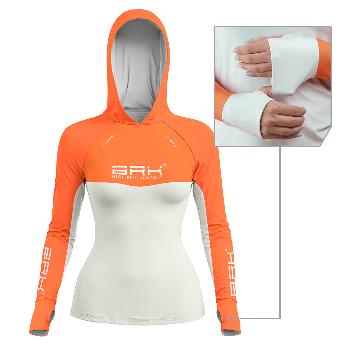 Camisa de Pesca Feminina Brk com Capuz Hybrid Laranja com Proteção Solar UV50+ - Brk Fishing