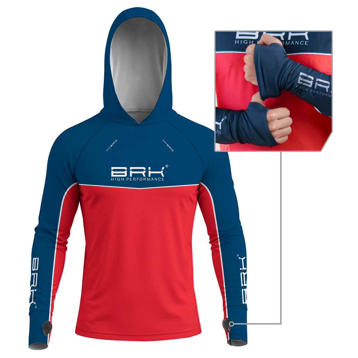 Camisa de Pesca Brk com Capuz Hybrid Red Blue Fishin com Proteção Solar UV50+ Brk Fishing
