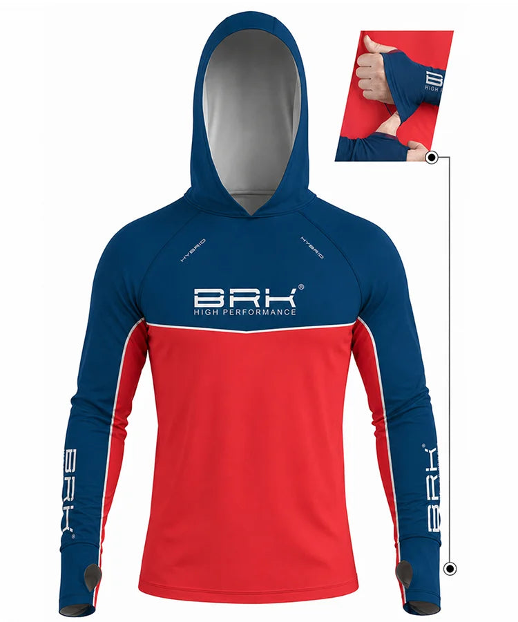 Camisa de Pesca Brk com Capuz Hybrid Red Blue Fishin com Proteção Solar UV50+