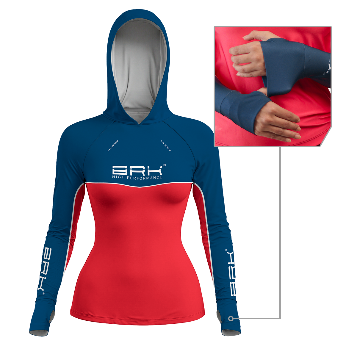 Camisa de Pesca Feminina Brk com Capuz Hybrid Red Blue Fishin com Proteção Solar UV50+ - Brk Fishing