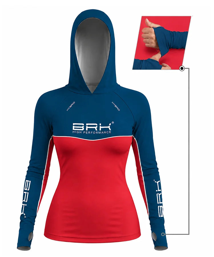 Camisa de Pesca Feminina Brk com Capuz Hybrid Red Blue Fishin com Proteção Solar UV50+