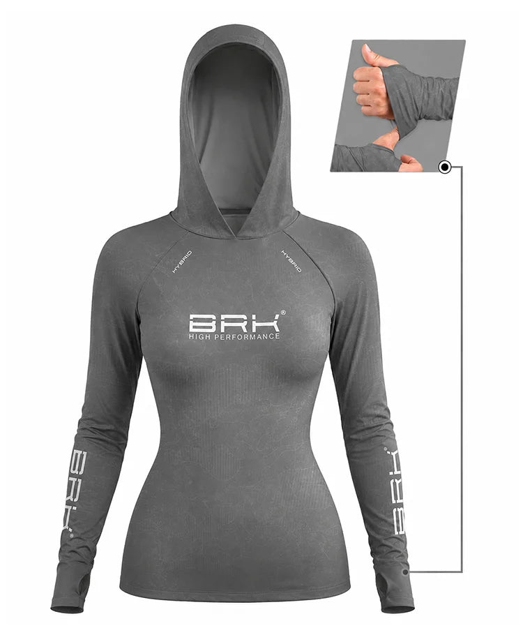 Camisa de Pesca Feminina Brk com Capuz Hybrid Cinza Grafite Camuflado com Proteção Solar UV50+