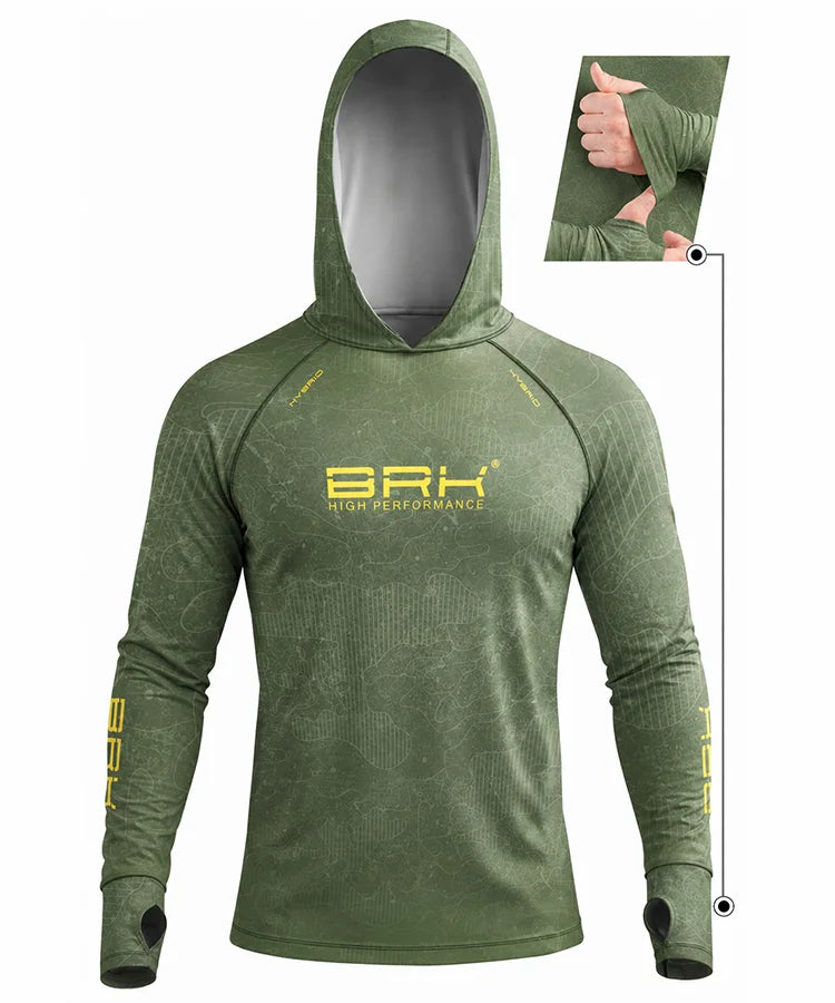 Camisa de Pesca Brk com Capuz Hybrid Verde Militar Camuflado com Proteção Solar UV50+