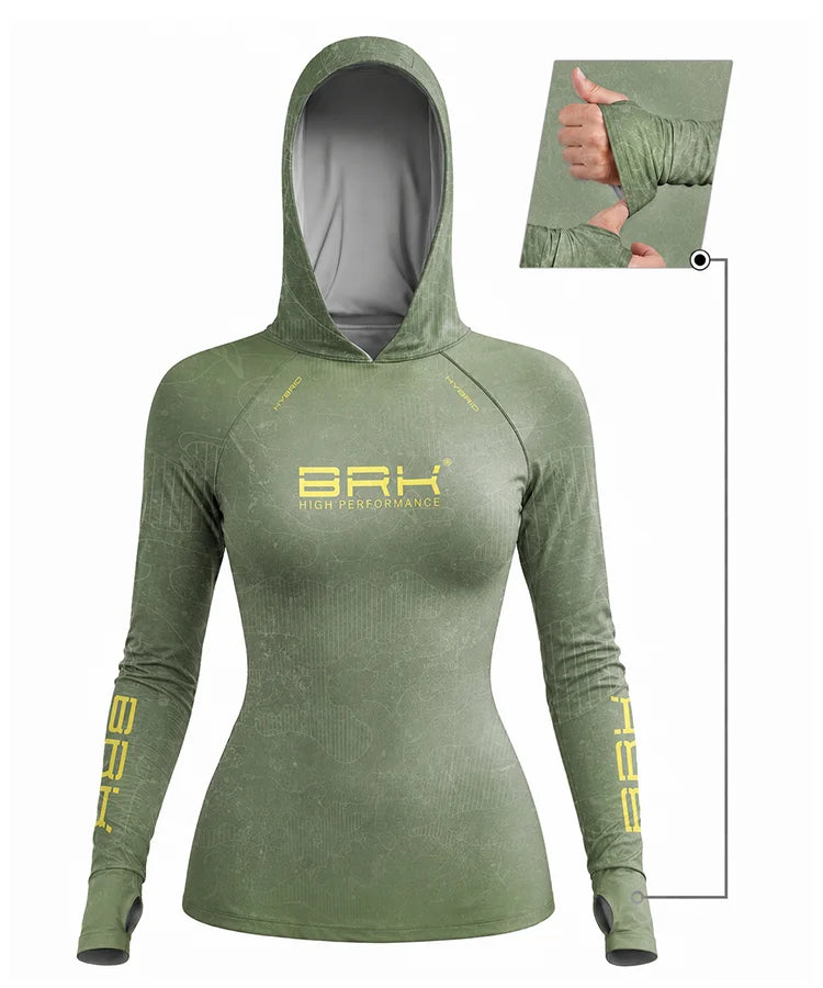 Camisa de Pesca Feminina Brk com Capuz Hybrid Verde Militar Camuflado com Proteção Solar UV50+