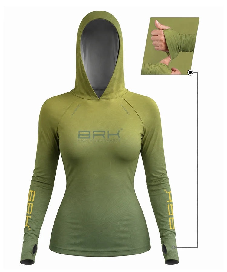 Camisa de Pesca Feminina Brk com Capuz Hybrid Verde Degradê Texturizado com Proteção Solar UV50+