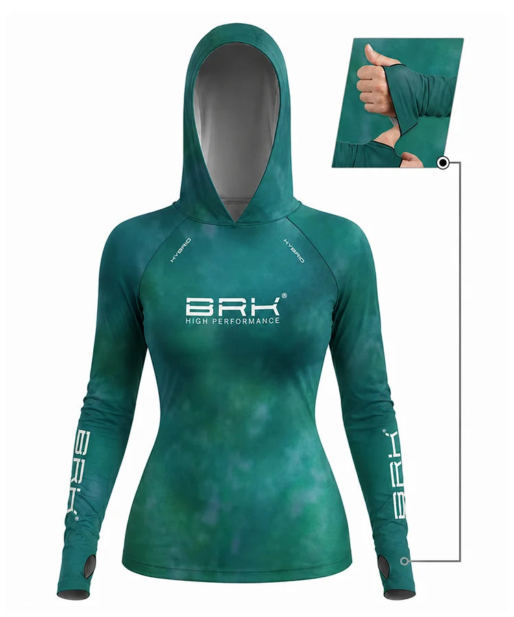 Camisa de Pesca Feminina Brk com Capuz Hybrid Verde Petróleo Degradê com Proteção Solar UV50+
