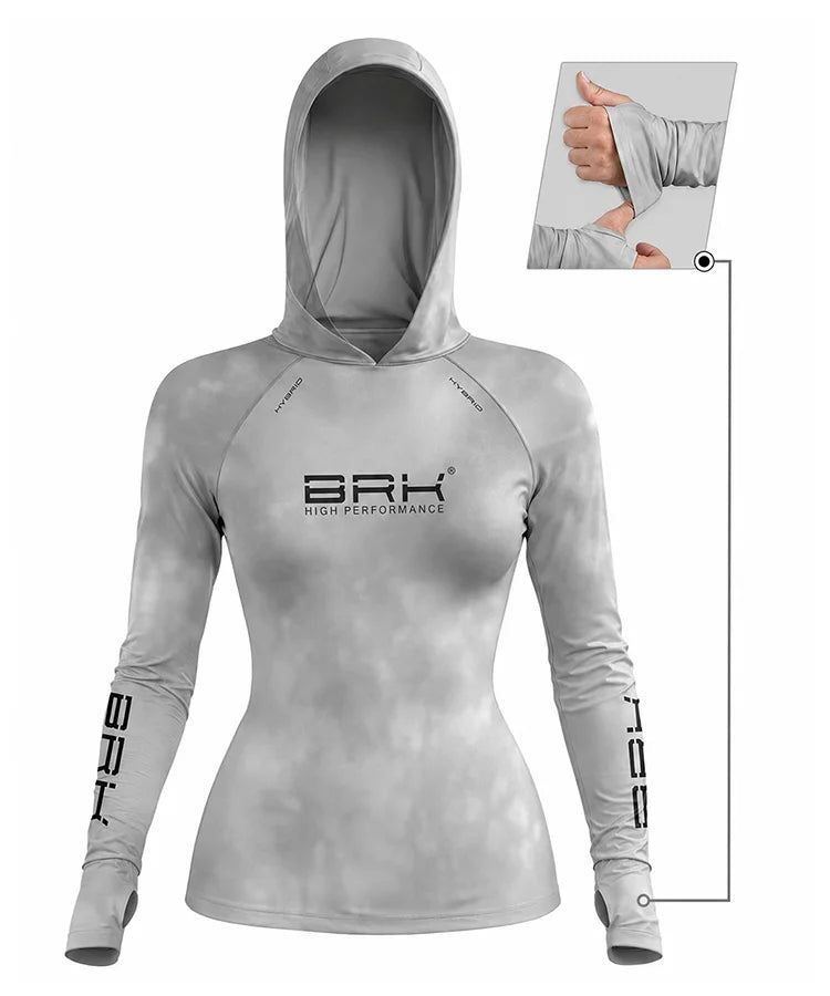 Camisa de Pesca Feminina Brk com Capuz Hybrid Cinza Claro Degradê com Proteção Solar UV50+
