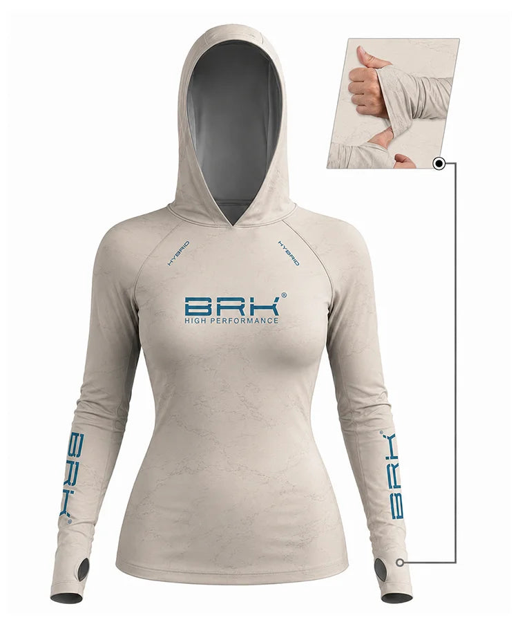 Camisa de Pesca Feminina Brk com Capuz Hybrid Bege Areia Marmorizado com Proteção Solar UV50+