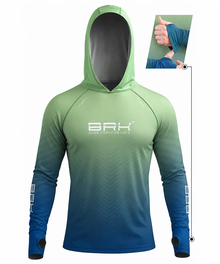 Camisa de Pesca Brk com Capuz Hybrid Verde e Azul Degradê com Proteção Solar UV50+