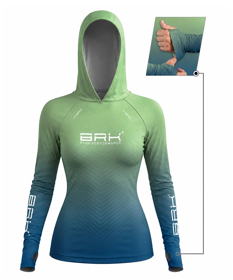 Camisa de Pesca Feminina Brk com Capuz Hybrid Verde e Azul Degradê com Proteção Solar UV50+