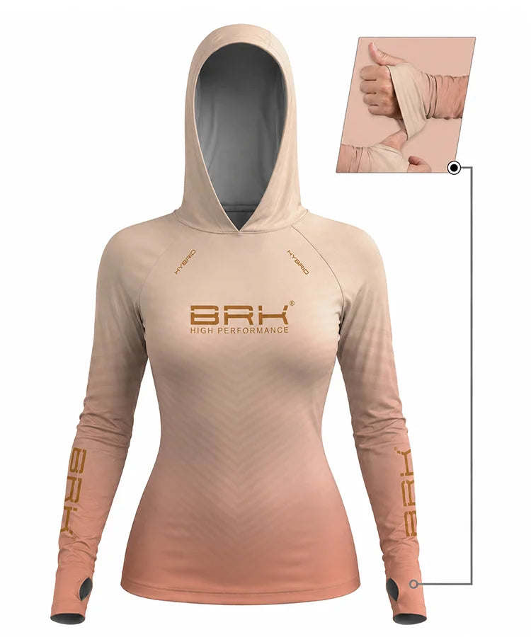 Camisa de Pesca Feminina Brk com Capuz Hybrid Bege e Laranja Degradê com Proteção Solar UV50+