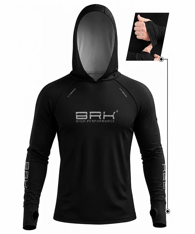 Camisa de Pesca Brk com Capuz Hybrid Preto Liso com Proteção Solar UV50+